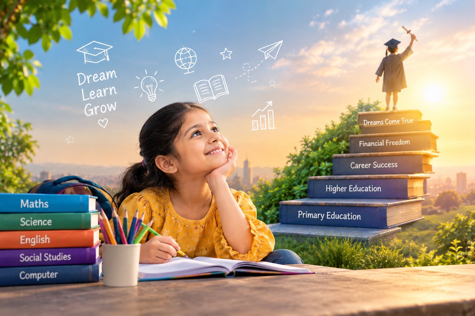 Young girl dreaming of her future, with book steps leading to graduation
