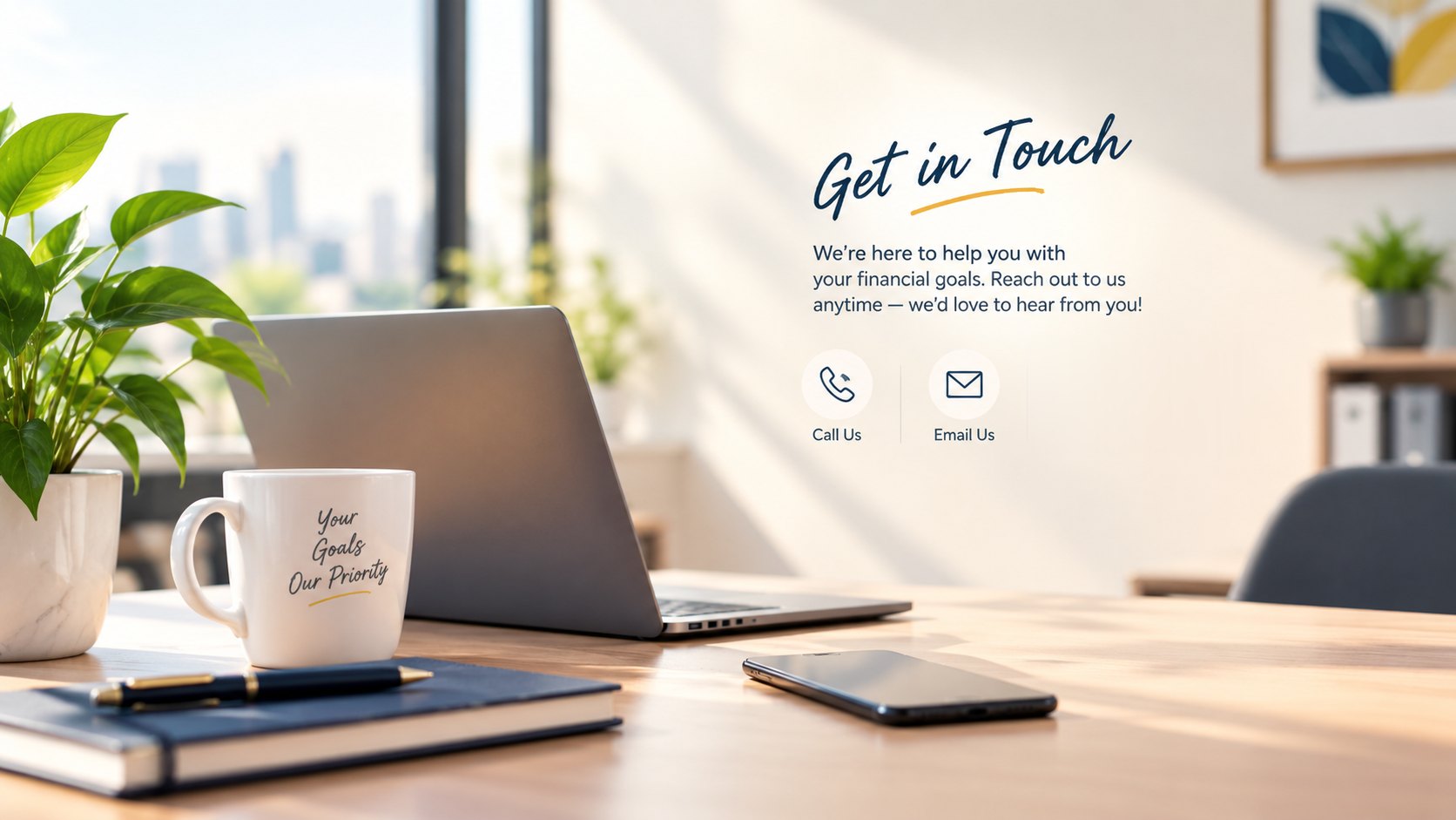 Get in touch: a sunlit desk with a laptop, phone and notebook