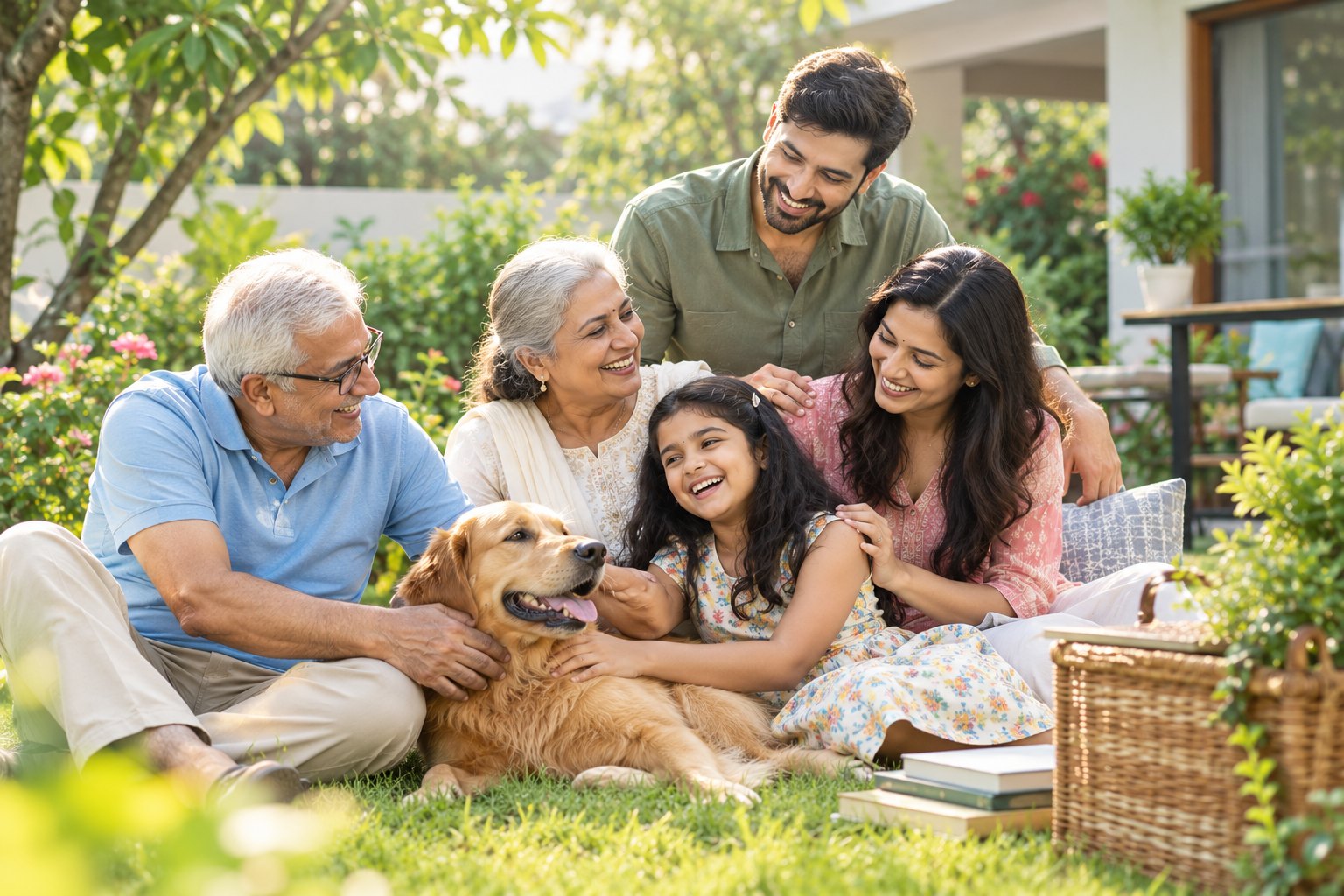 Three generations of an Indian family relaxing in their garden with their dog