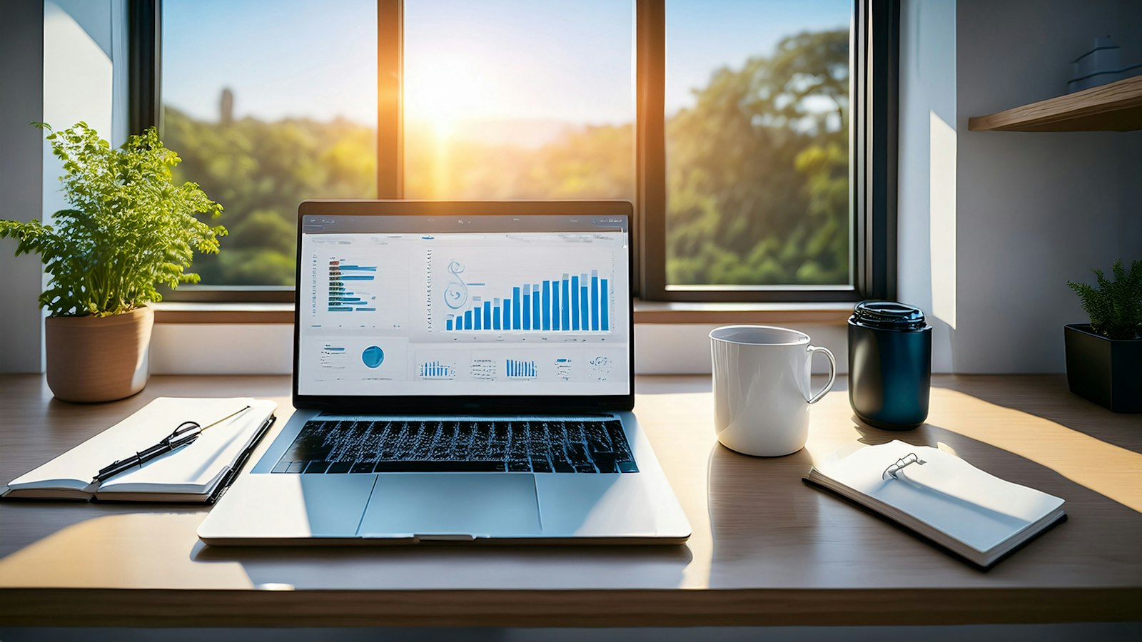 Laptop showing an investment portfolio dashboard on a sunlit desk