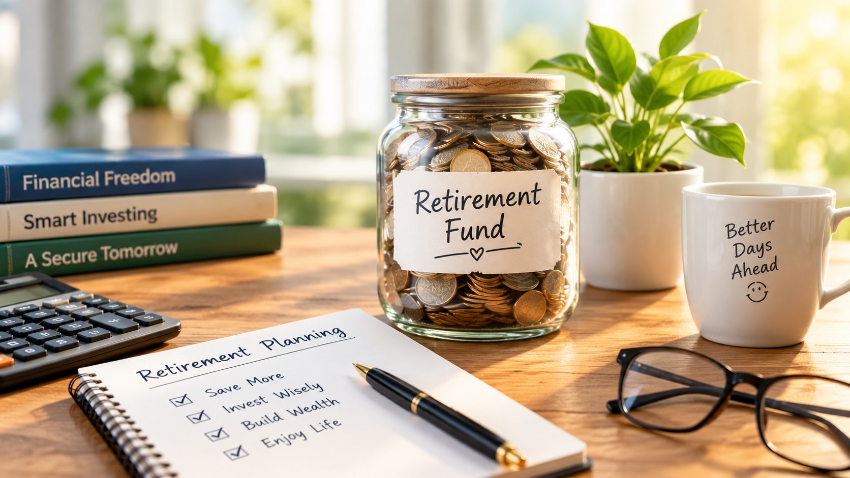 Retirement fund jar with coins, a planning notebook and a calculator on a desk