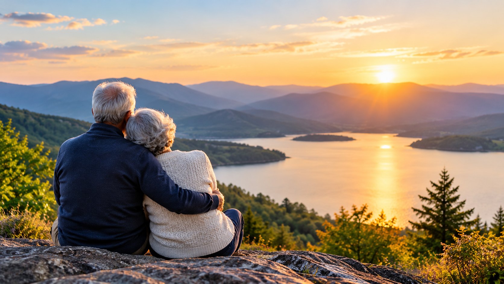 Senior couple sitting together watching the sunset over a lake